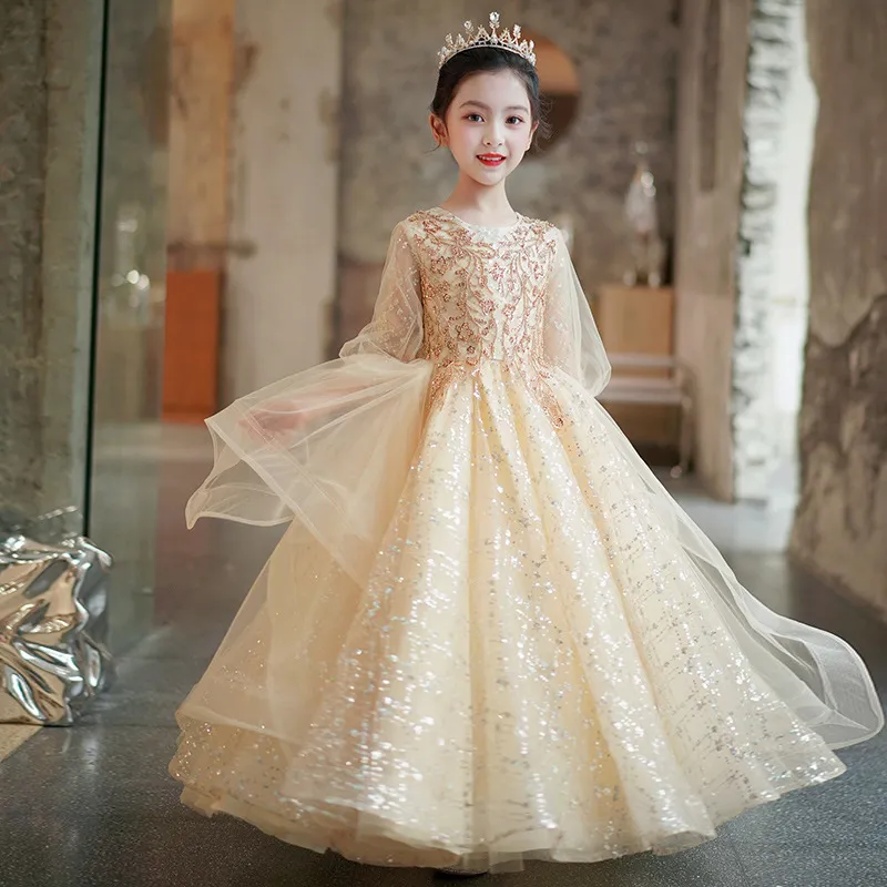 New Rose Gold Sequined Flower Girl Dresses For Weddings Lace Sequins Bow Open Back Short Sleeves Girls Pageant Dress Kids Communion Gowns
