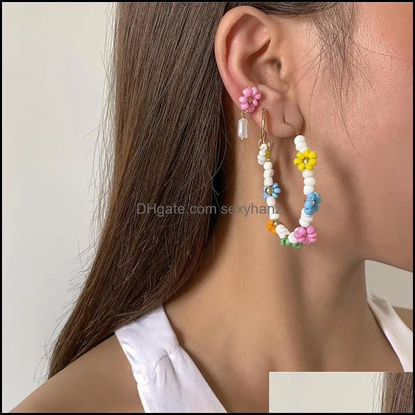 European Colorful Daisy Flower Beaded Earrings Hoop Geometric Imitation Pearl Ear Buckle Women Copper Gold Ethnic Style Stud Earring Jewelry Sets