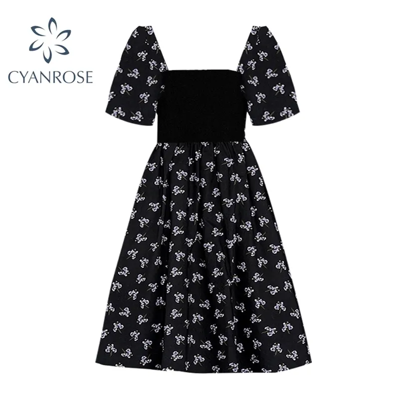 Hög midja puff kortärmad klänning sommar mode frankrike stil vintage elegant tecknad applikationer ruched casual kvinnlig 210515