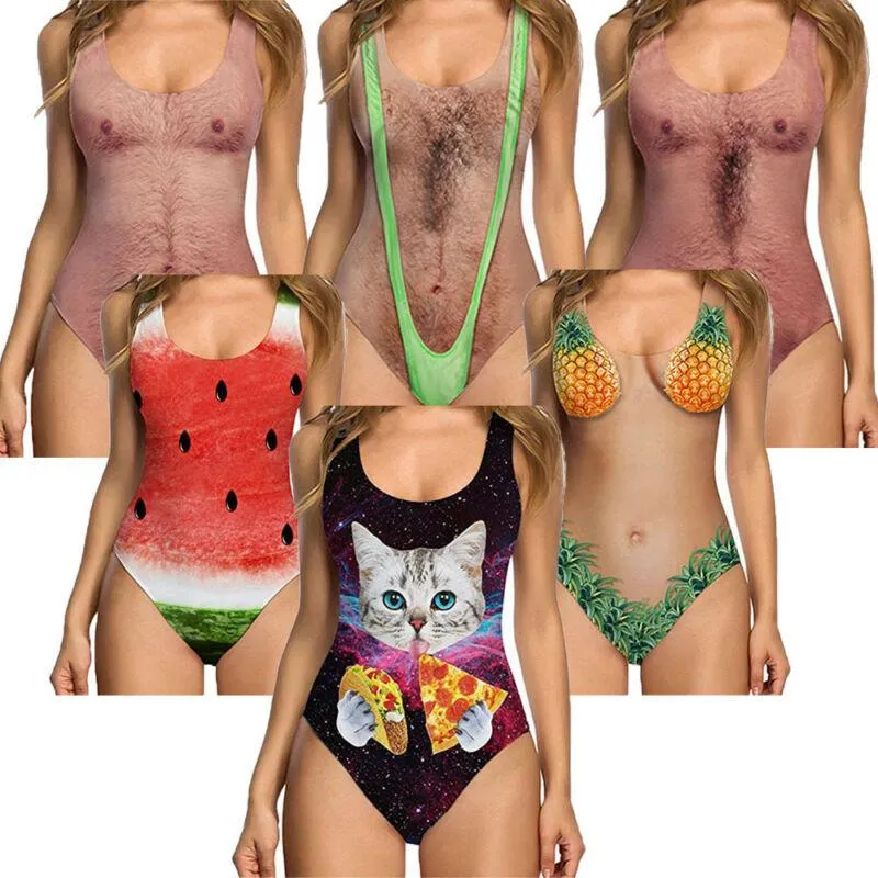 Women's Swimwear 2021 Funny Joke Chest Printed Women Swimsuit Bathingsuit Beachwear Sexy