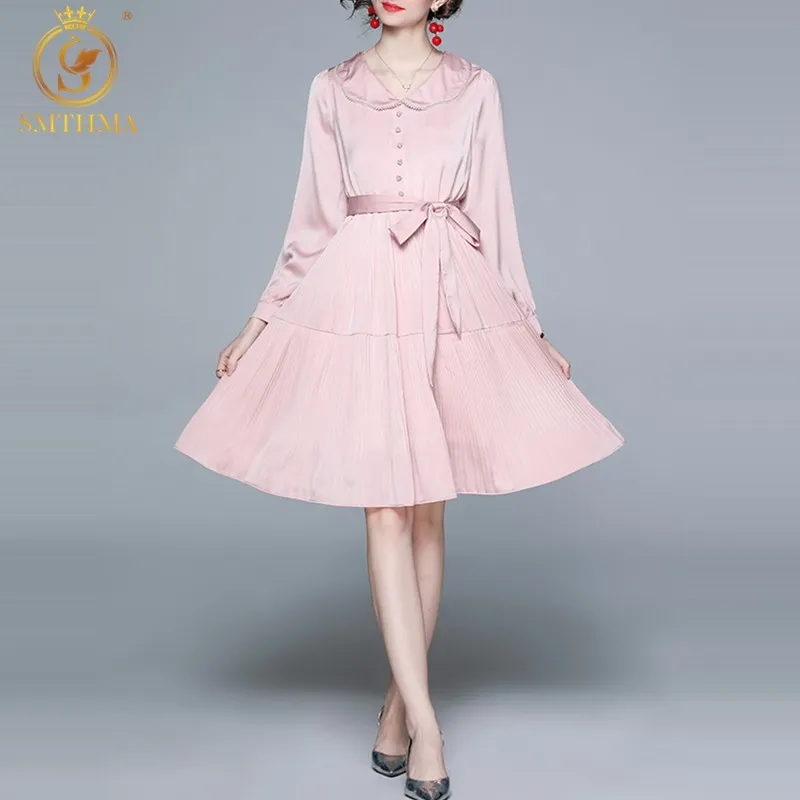春の女性のスリムな膝丈のデザインのプリーツピンクのドレス女性長袖ネクタイのエレガントなvestidos 210520
