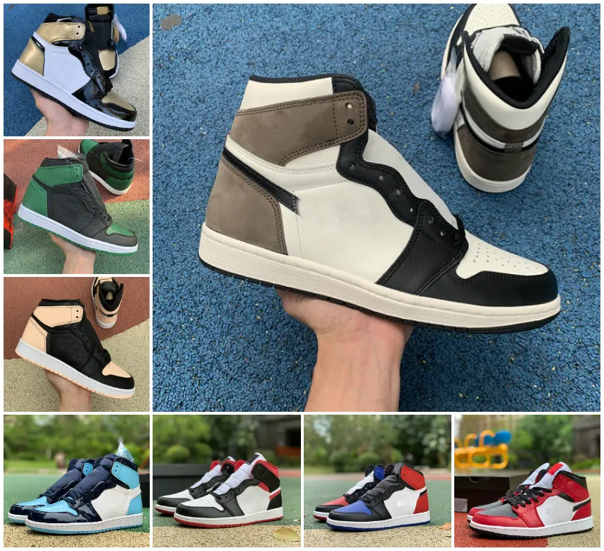 2022 University Blue 1 Basketball Shoes 1S 높은 어두운 모카 전기 오렌지 UNC 빛 연기 회색 하이퍼 시카고 특허 Bred Royal Toe Jumpman 남성 여성 운동화 36-46