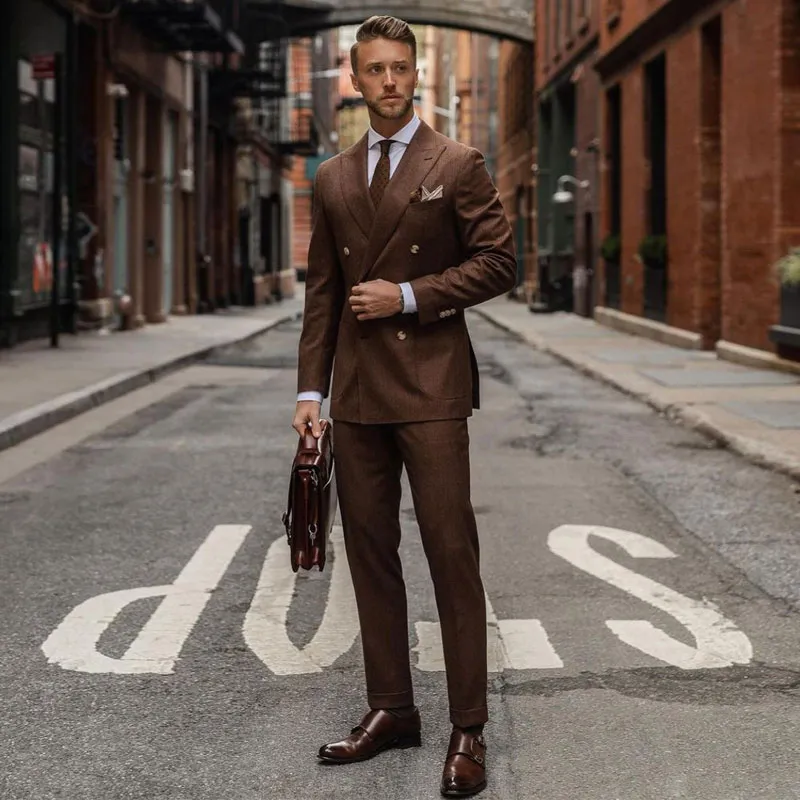 Brauner zweireihiger Herrenanzug mit spitzem Revers für die Hochzeit, Smoking, zweiteiliger Bräutigam, Prom-Blazer mit Jacken und Hosen