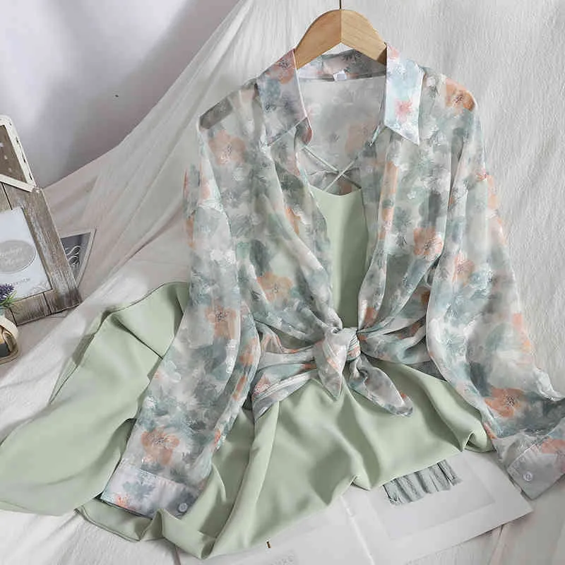 sommar vintage söt lång klänning koreansk cardigan blommig chiffonskjorta med tunn och mild kors suspender tvådelad kvinna 210420