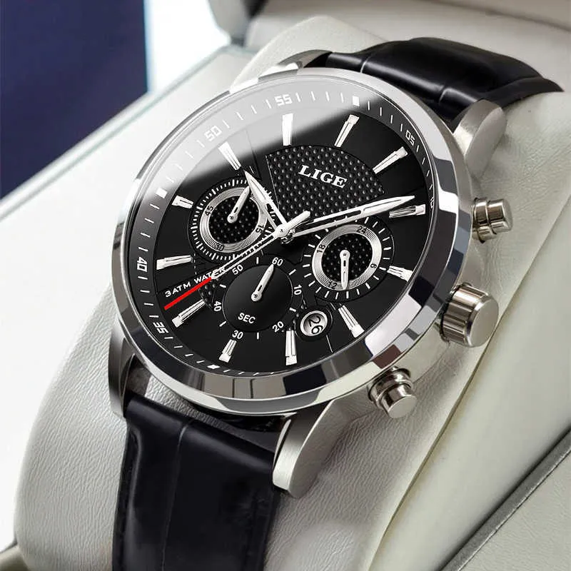 Lige horloge mannen mode sport quartz klok heren horloges merk luxe lederen militaire waterdichte horloge relogio masculino 210527