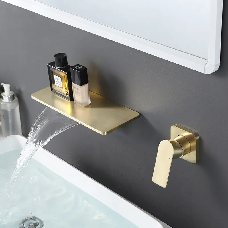 Brushed Gold Brass Basin Faucet Waterfall Output H And Cold Water Wall Mounted Split Independent Switch Taps