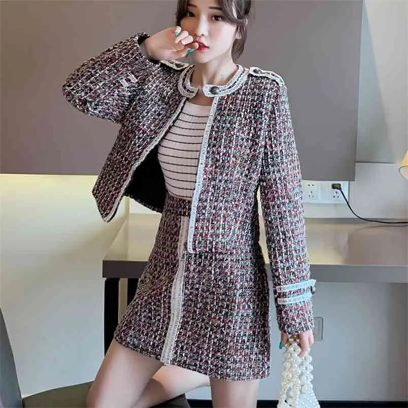 Automne hiver Plaid jupe costume laine deux pièces ensemble femmes haut court Tweed veste manteau + Mini 2 Conjuntos De Mujer 210514