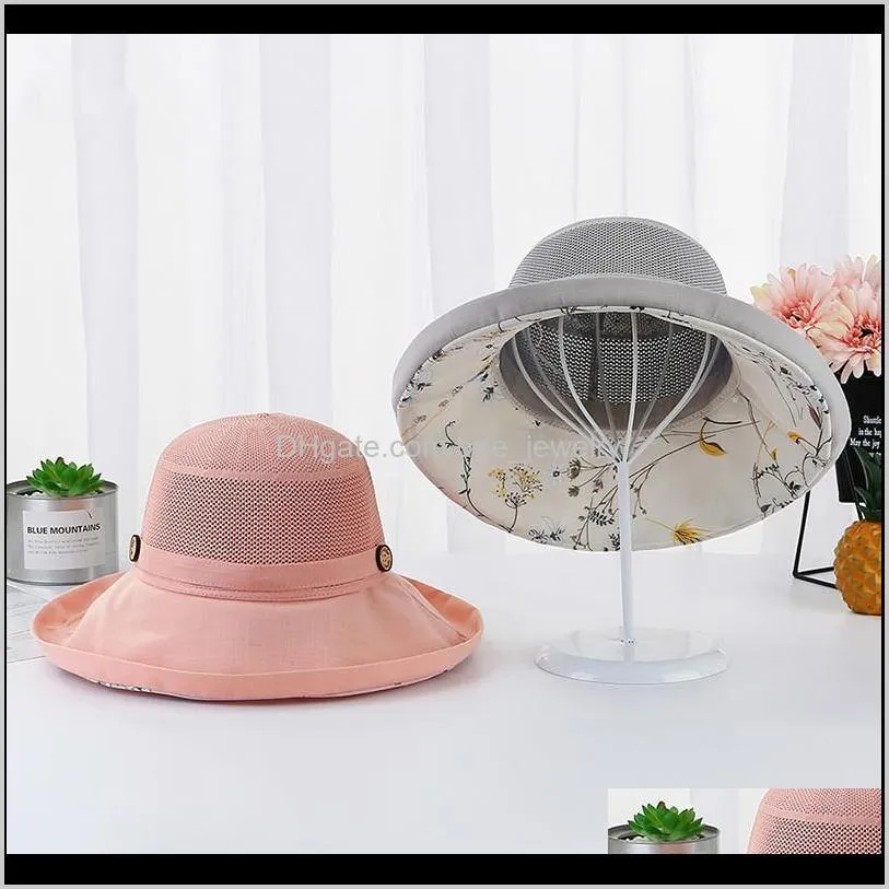 2021 new female flower print double-sided cotton linen sun hat women big wide brim anti-uv foldable beach hats lady`s bucket hat