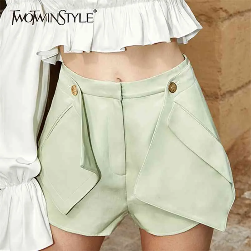 Grön Casual Loose Short For Women High Waist Patchwork Fickor Straight Shorts Kvinna Sommar Mode Kläder 210521