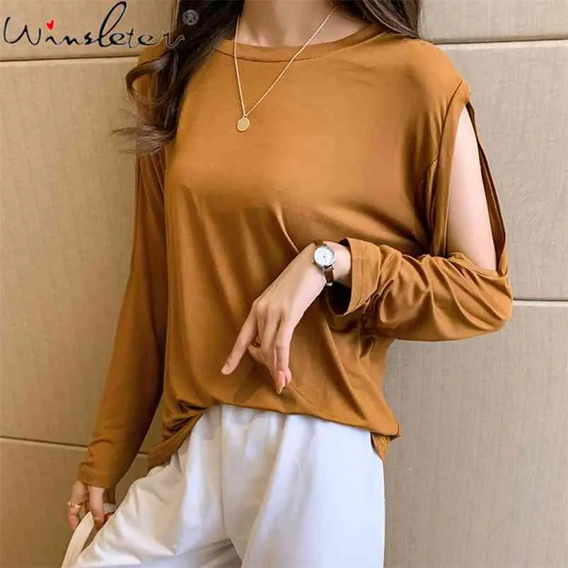 Slit Sleeve Kall Shoulder Solid Kvinnor Casual Vår / Höst T-shirt Enkel T-shirt Kvinnors Tee Loose Top T-shirt T07710B 210421