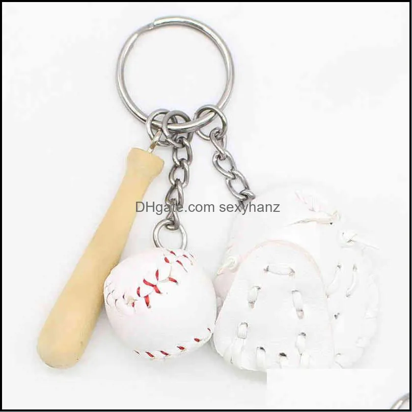 Keychains Creative Baseball Ring Sports Bag Pendant Baseball Glove Three Piece Wooden Bat Set