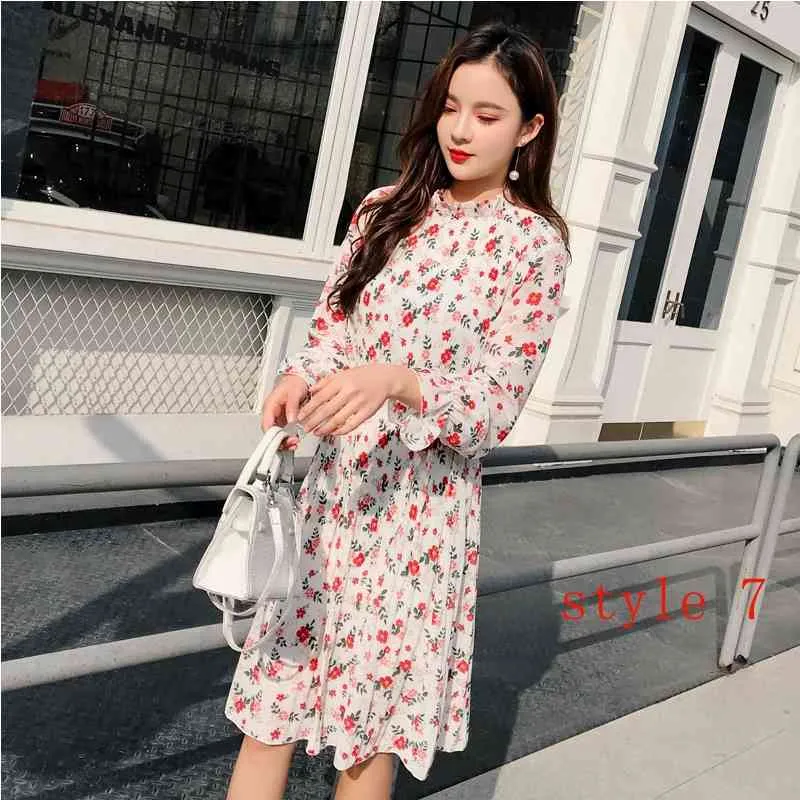 Two layers Floral Chiffon Dress Elastic Waist Women Spring A-line Lace Up Flare Sleeve Bohemian female 210519
