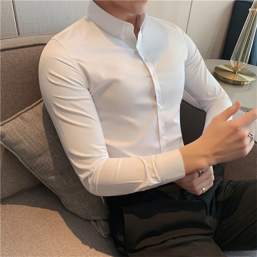 Hoge kwaliteit Solid Shirts voor Mannen Kleding Koreaans Slim Fit Casual Lange Mouw Streetwear / Night Club / Prom Tuxedo 220312