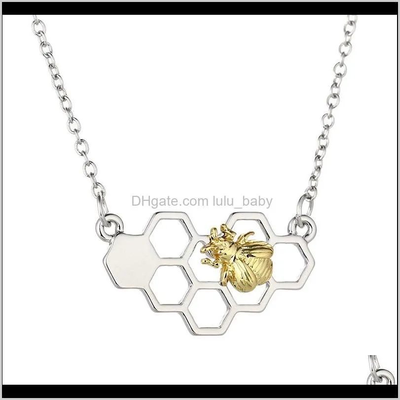 wholesale- chic silver gold bee on the honeycomb necklaces & pendants hexagon comb hive necklace for women jewelry you are my honey