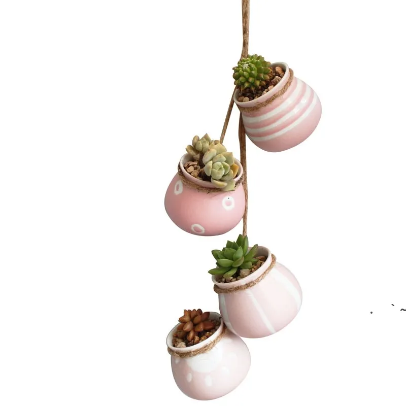nouveau Ensemble de quatre pièces de pot de fleurs suspendu en céramique balcon perméable à l'air Pot de plante mural suspendu jardinière en céramique pastel rustique EWD6604