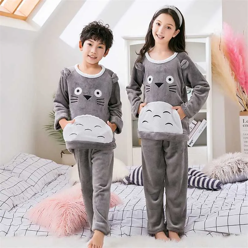 Arrivals Autumn Winter Warm Flannel Children Pajamas Set Cute Sleepwear Suit Girls Nightwear Pants Boys Kids Gift 211105