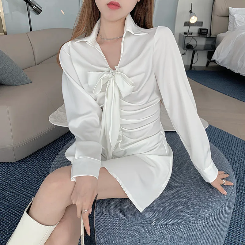 Lucyever été Sexy Slim taille haute Mini robe femmes mode volants à manches longues robes femme coréenne bureau chemise robe dames 210521