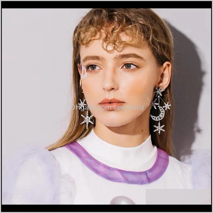 stunning rhinestone star moon charms drop dangle earrings for women fashion jewelry hot sale lady`s statement accessories