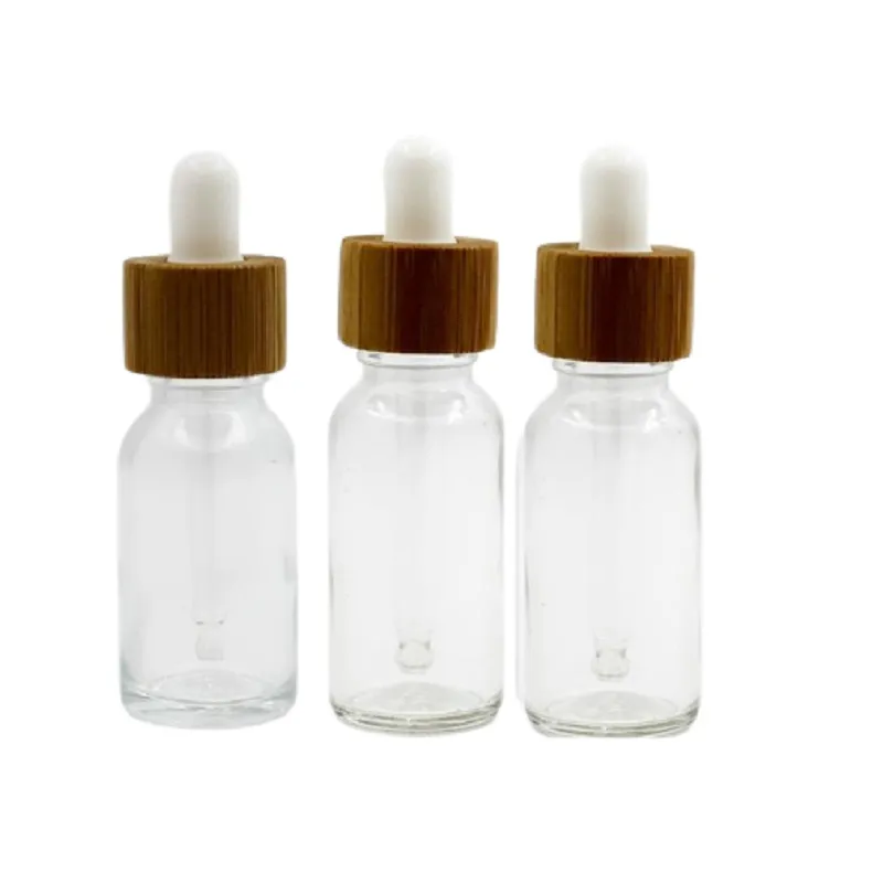 透明なガラスの滴のびんのエッセンシャルオイルピペットバイアル竹木製リング蓋ホワイトトップ5ml 10ml 20ml 30ml 50ml 100ml化粧品包装充填容器