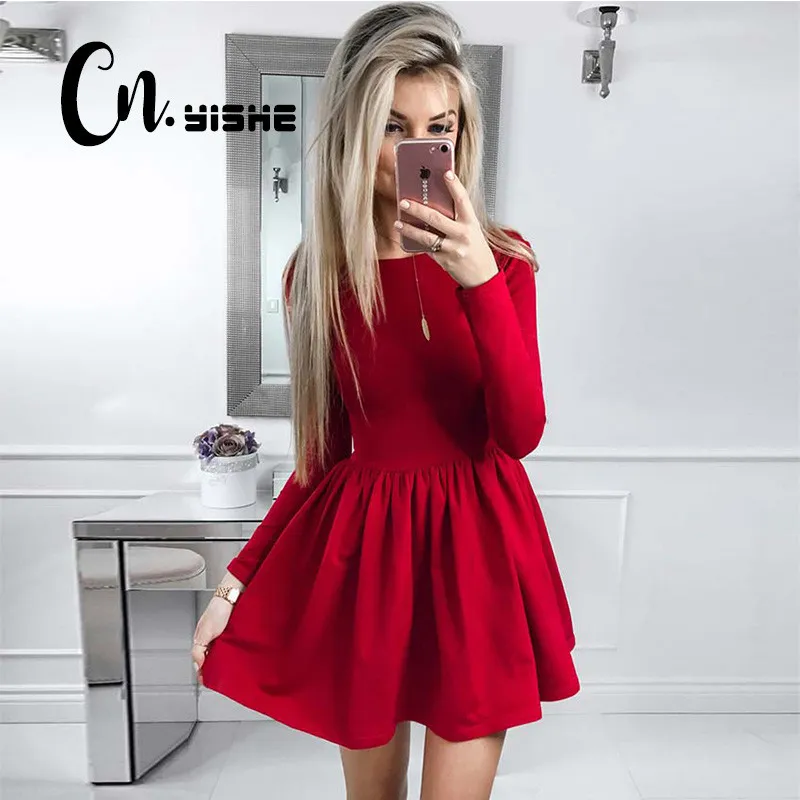 CNYISHE Mode Casual Rouge Noir Robe Femmes Solide À Manches Longues Sexy Slim A-ligne Robe Femmes Mini Robes Robes Automne Nouveau 210419