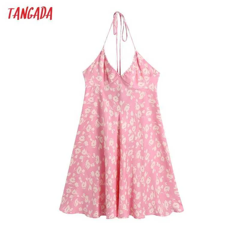 Tangada Kvinnor Chic Fashion Floral Print Halter Mini Dress Vintage Baklösa Elastiska Slips Tunna Straps Kvinna Klänningar Be905 210609