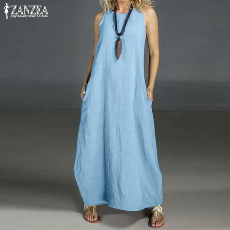 Plus Size Summer Drwomen's Sundr2021 Zanzea Casual Maxi Vestidos Vintage O Neck Sleevelharty Drrobe Femme X0529