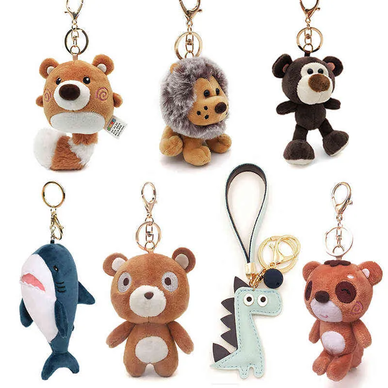 Cute Cartoon Animal Plush Toy Keychain Backpack Bag Keychain Bear Elephant Raccoon Monkey Shark Dinosaur Lion Omelette Cute Gift H1126