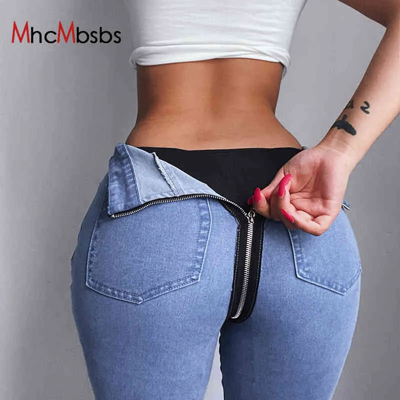 Y2K Sexy Back Zipper Long Jeans Women Classic High Waist Skinny Pencil Light Blue Denim Pants Elastic Wrap Hip Cowl Trousers 210517