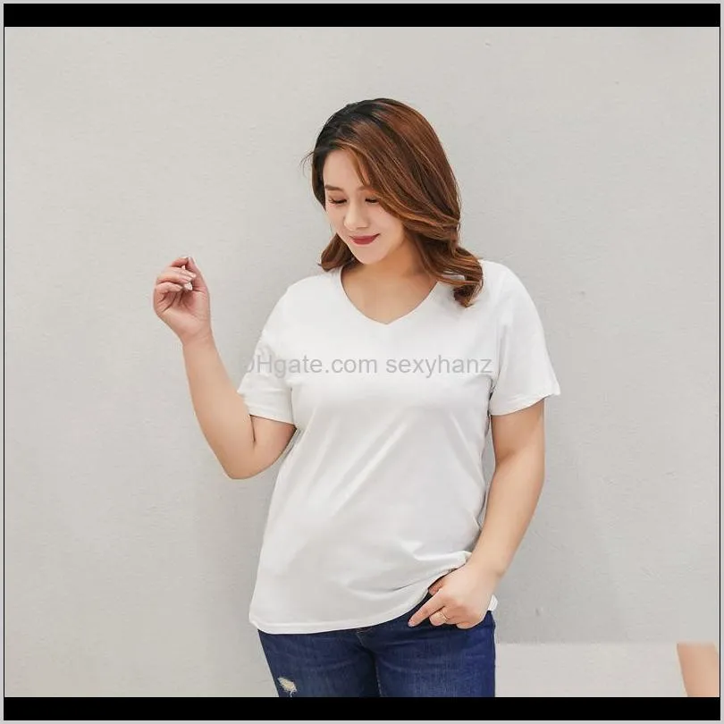 extra large ladies short sleeve casual loose pure color plus fat plus size cotton v-neck top t-shirt