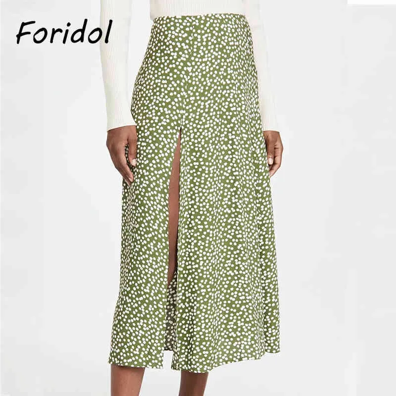 Polka dot sida slits långa kjolar kvinnor hög midja boho sommar maxi kjol bottnar casual a-line strand gröna kjolar 210415