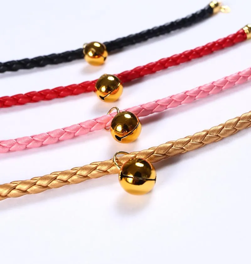 Cat Collars & Leads TJPBF S-M Simple Woven PU Adjustable Necklace For Cats Puppy 4 Colors Bells Collar Fashion Pets Supplies Accessories