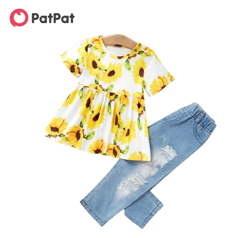 Summer 2-piece Baby / Toddler Girl Sunflower Print Dress And Denim Pants Set 210528