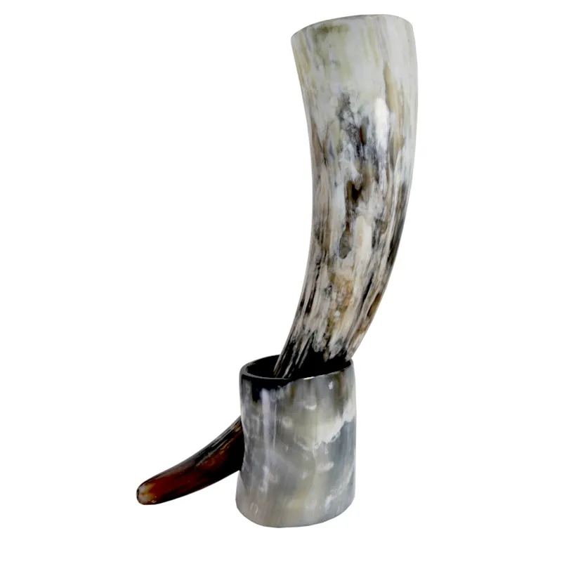 Natural Viking Drinking Horn With Stand Cups Ale Beer Wine Goblet Chalice Tankard Ox Horn Bägare Fartyg 210804