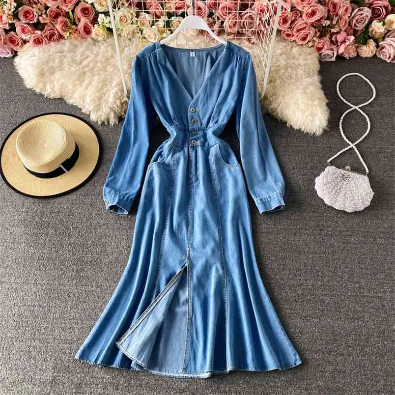 Kore Chic Bölünmüş Uzun Mermaid Elbiseler Çift Cepler Ince Bel Denim Elbise Kadın Bahar Streetwear Vestidos Sukienka 210514