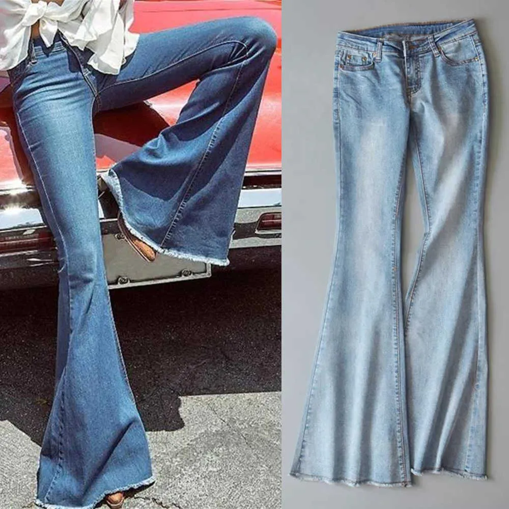 LASPERAL Spring Feminina Calças Jeans Elásticas de Cintura Média Cintura Média Calças Jeans Elásticas Sensuais Moda Calças Denim De Pernas Largas SH190828