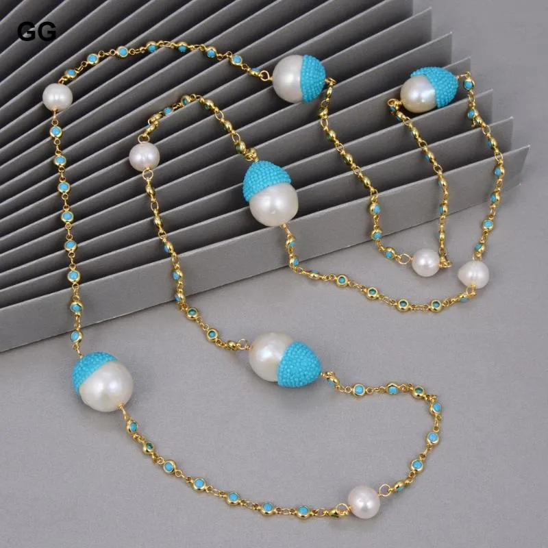 Naszyjniki wiszące JK Naturalne 43 "Biały Keshi Pearl Blue Crystal Bave Łańcuch długi naszyjnik dla kobiet