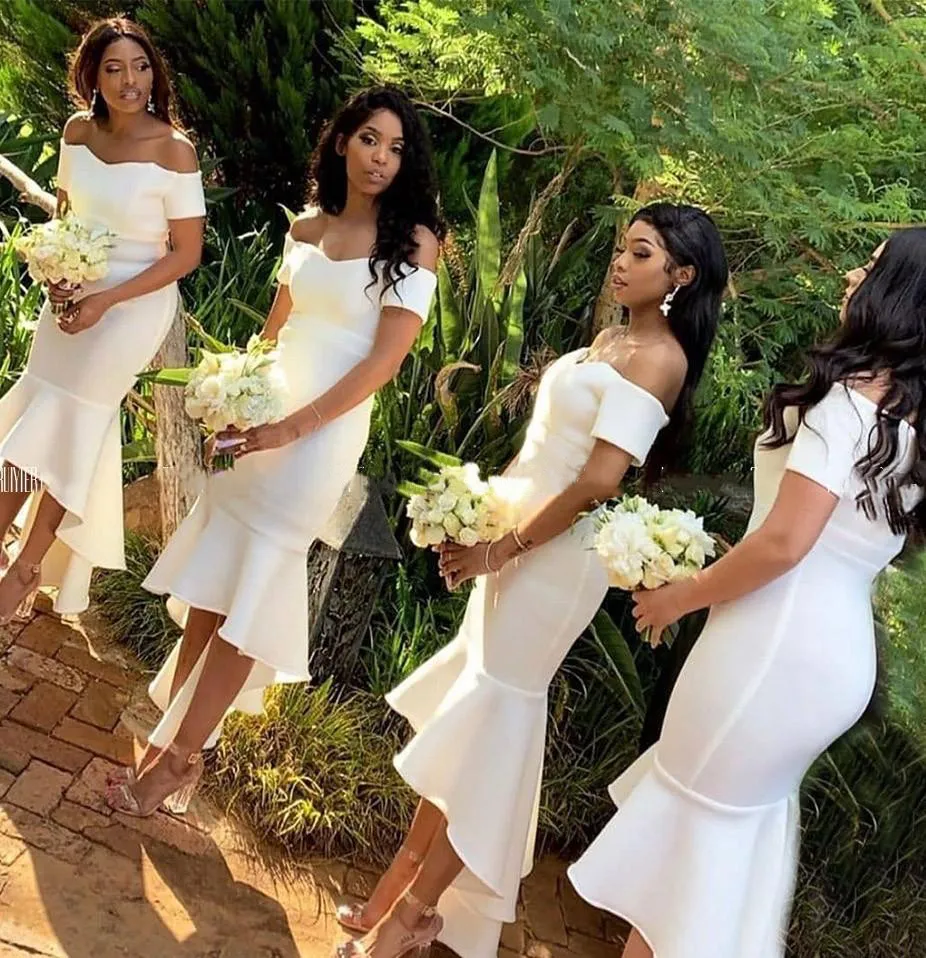 White Mermaid Bridesmaid Dresses for African Weddings: Off Shoulder High  Low Short Gowns