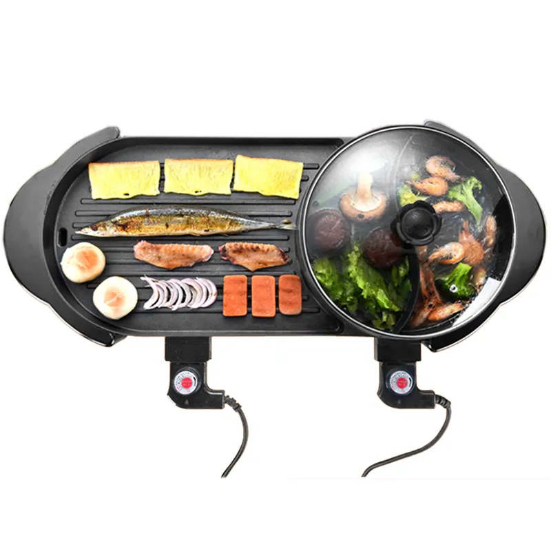 Accueil 2 en 1 gril électrique marmite sans fumée Barbecue poêle antiadhésive BBQ plaque chauffante intérieur rôti viande plaque multi-cuiseur