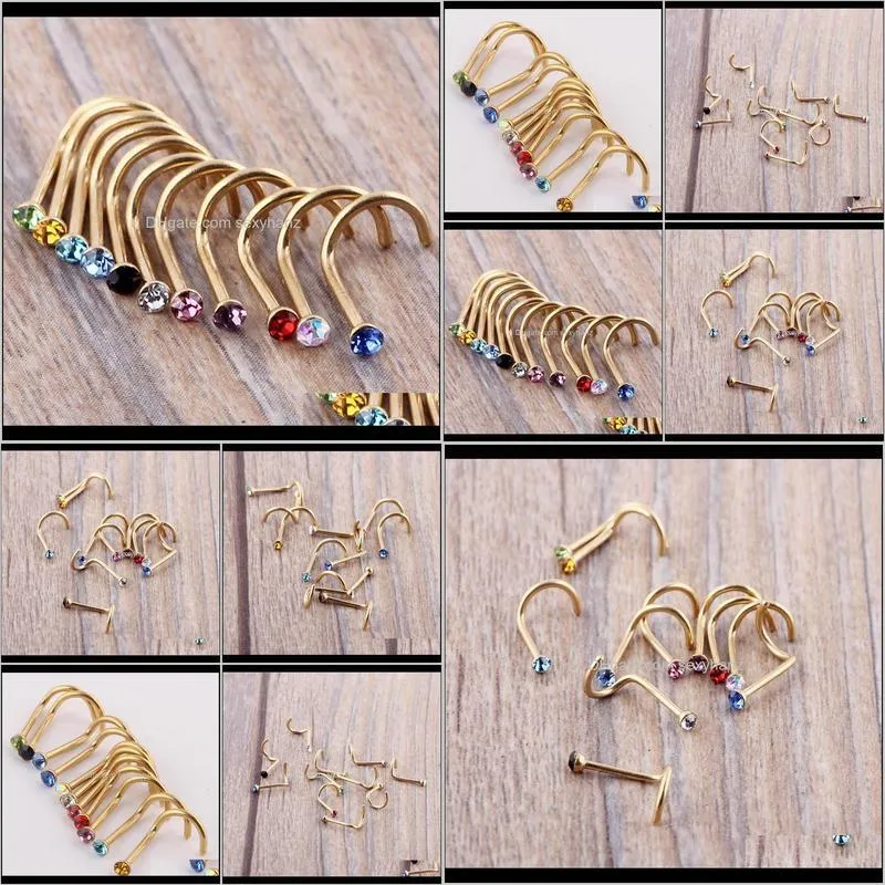 mix colors rhinestone nose studs screw ring bone bar body piercing jewelry gold silver nose pin