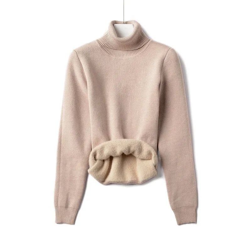 Autumn knit fleece sweater women plus velvet Warm thick pullover Slim Turtleneck long sleeve winter Korean jumper 210420
