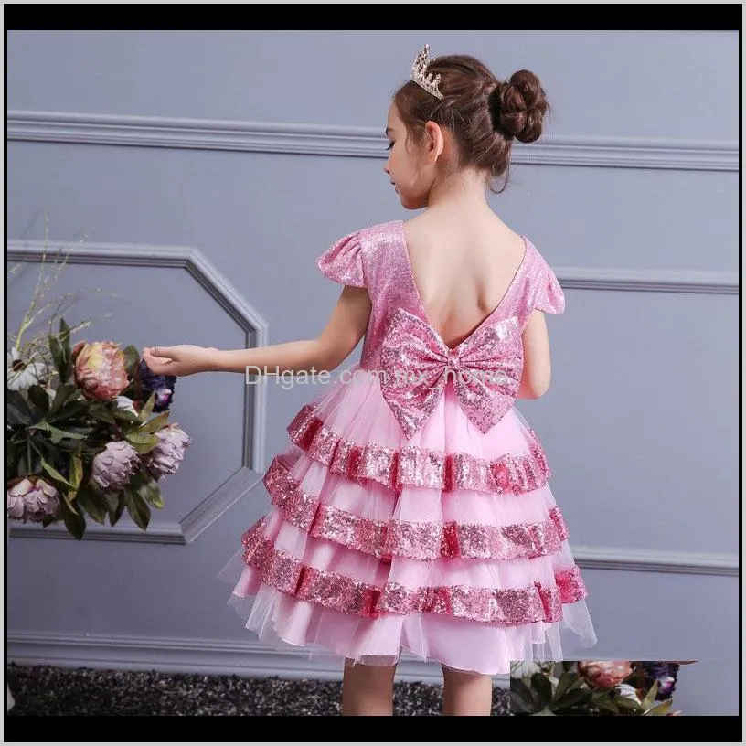 girls solid princess dresses 5 colors bow tie open back peform host dress sequin mesh dress girls party peform 2-8t