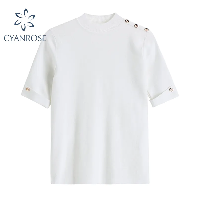 T-shirt coreana a maniche corte da donna estiva elegante T-shirt allentata femminile casual design con bottoni impiombati retrò streetwear marea top di base 210417