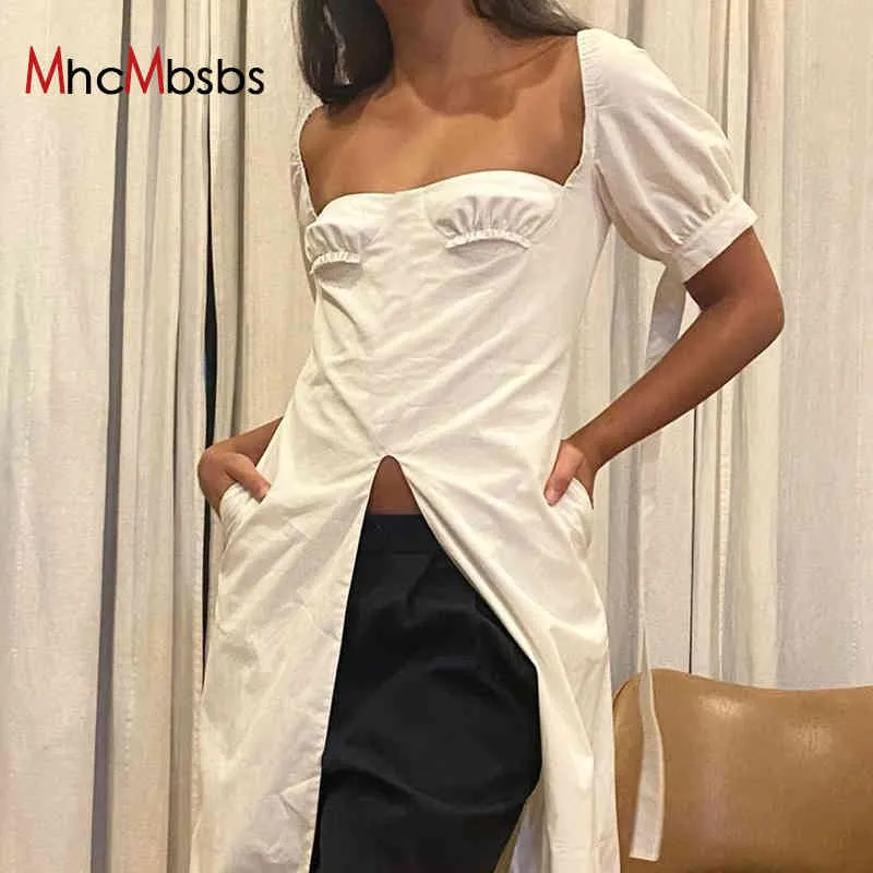 Vintage geraffte Midi-Kleid Frauen elegante quadratische Kragen Puffärmel Split Kleider Französisch Fairycore Prinzessin Robe Sommerkleidung 210517