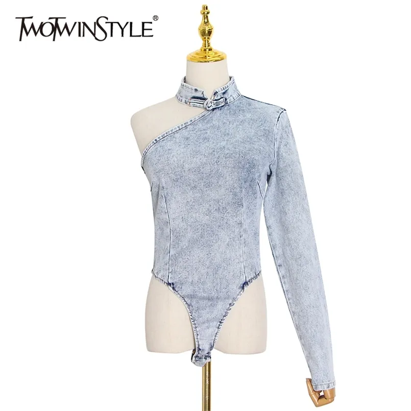 Sexy Denim Bodysuits For Women Stand Collar Asymmetrical Off Shoulder Slim Chic Style Jumpsuit Female 210521