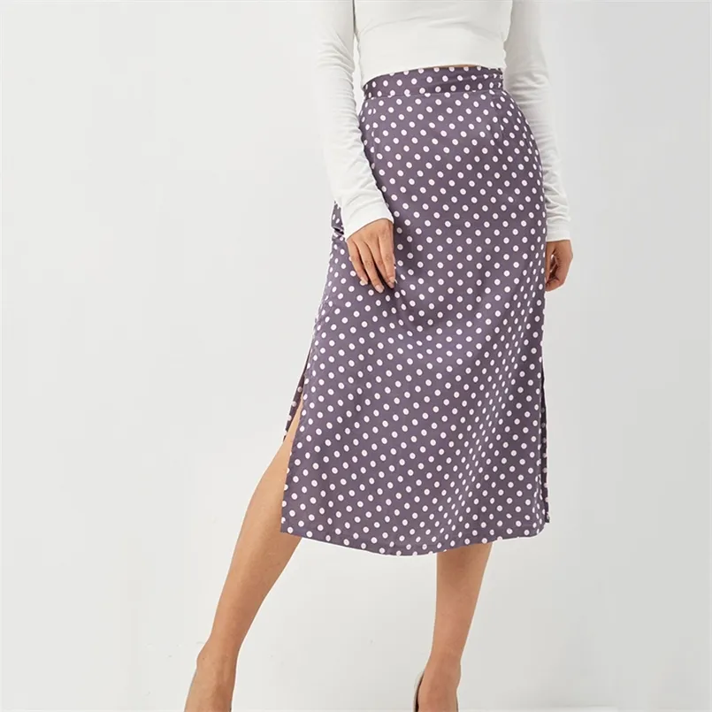 Autumn Pencil Vintage midi skirts women Slim-Fit Split Satin Hip Skirt High Waist Mid-Length Zip Polka Dot Women's 210508