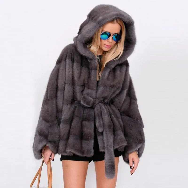 Kvinnors Fur Faux Tatyana Furclub Real Natural Mink Coat Stand Krage Bat Style Jacka Kvinnor Batwing Ärm Överrock Vinter