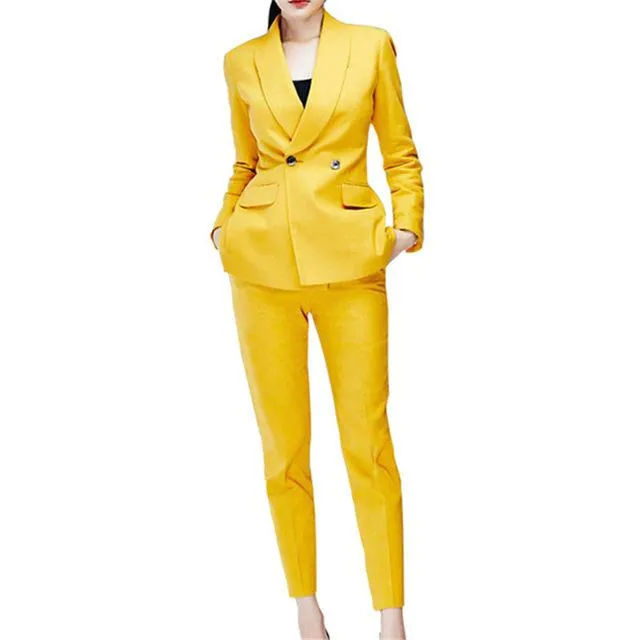 Women's Suits & Blazers 2021 Fashion Yellow Double Breasted Slim Fit 2 Pieces Female Office Uniform Style Tuxedo Dos Piezas Mujer