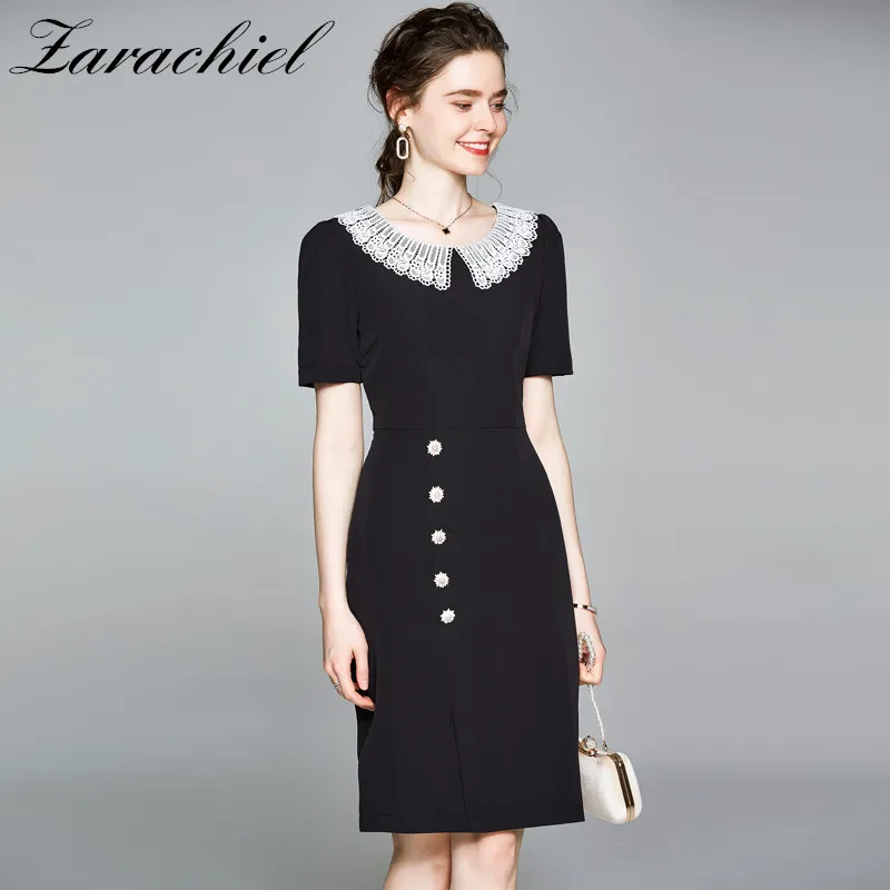 Elegancka Koronkowa Patchwork Peter Pan Collar Czarny Ołówek Kobiety Lato Biuro Krótki Rękaw Petel Przycisk Deco Pakiet Dresy Hip Dress 210416