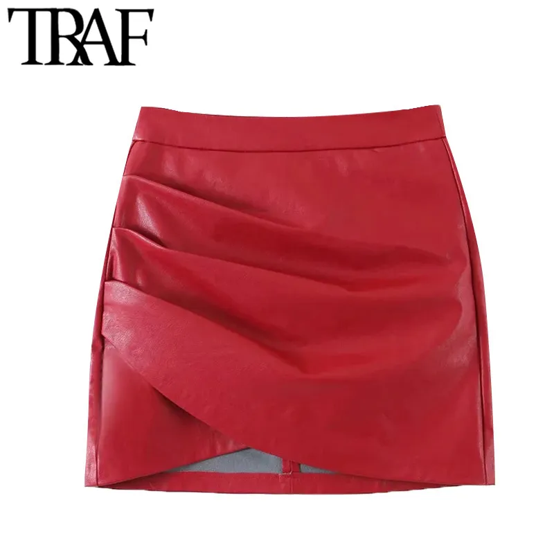 TRAF Women Chic Fashion Faux Leather Pleated Asymmetrical Mini Skirt Vintage High Waist Back Zipper Female Skirts Mujer 210415