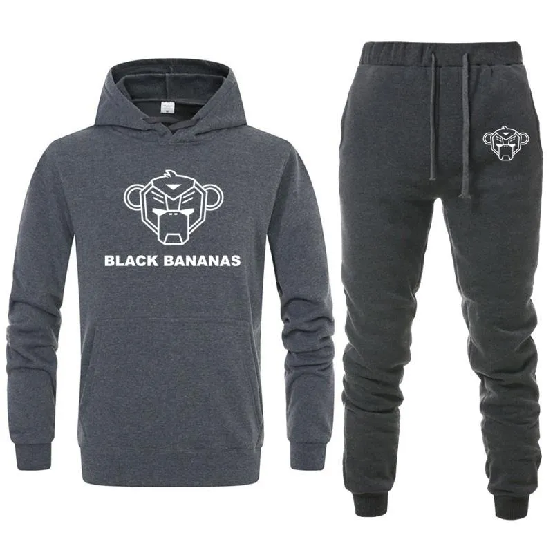 Hoodies Masculino Moletons Carta Impresso Black Bananas Duas peças Define Tracksuit Capuz Homens / Mulheres Sportswear Hoodies + Sweatpants Jogg